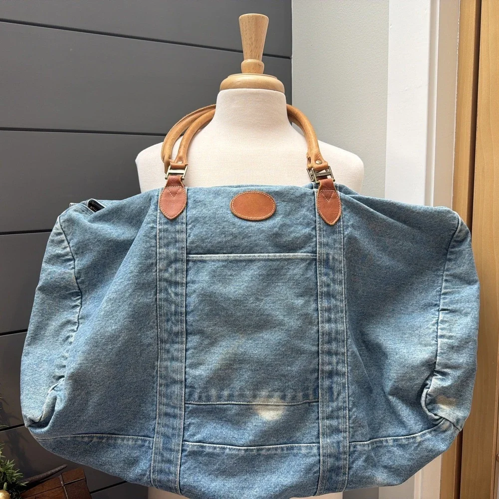 Vintage GAP Weekender Travel Tote Bag Blue Denim Duffle Large Zip Leather Trim - Picture 1 of 5